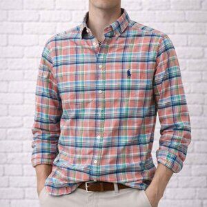Ralph Lauren Orange Plaid Button Front Long Sleeve Shirt Size M